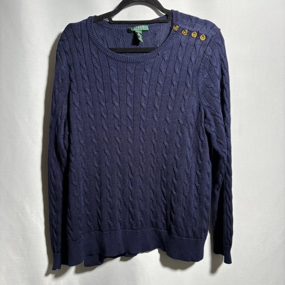 Lauren Ralph Lauren Navy Blue Cable Knit Sweater Gold Button Womens 1X Preppy RL - Picture 1 of 8